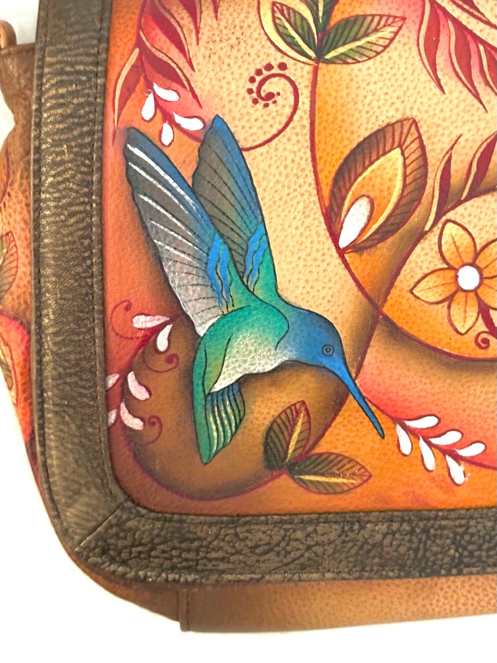 Anuschka Hand-Painted Leather Teal Hummingbird Crossbody Bag New - Picture 7 of 16